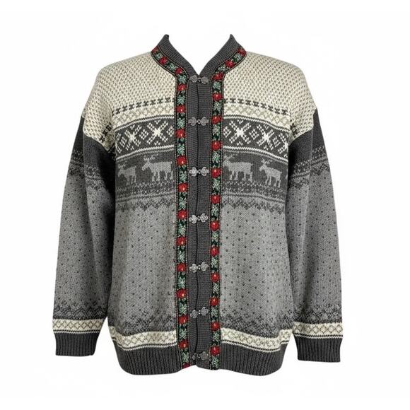 Vintage Nordic Wool Cardigan Sweater Gray Fair Isle Reindeer Pattern XL - Picture 1 of 12